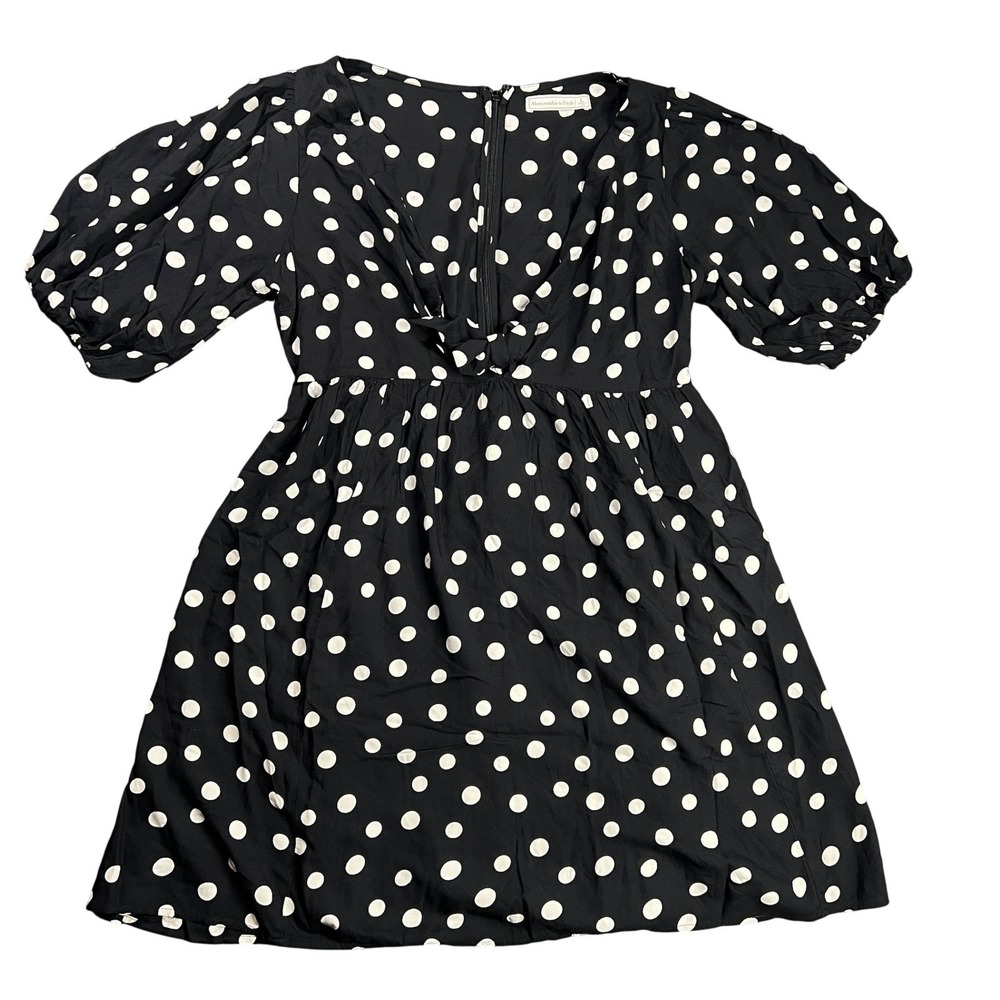 Abercrombie & Fitch Women's Large Black White Polka Dot Deep V Puff Sleeve Dress
